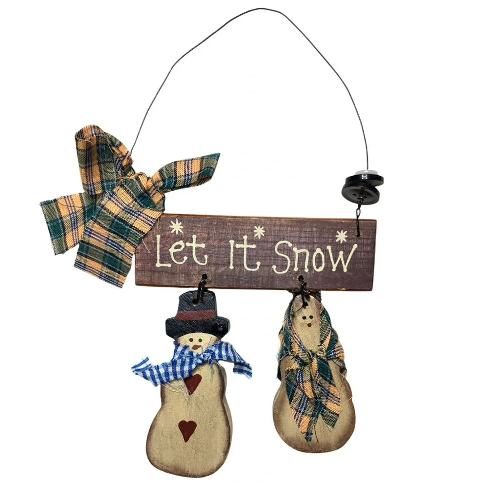 Vintage Snowman Ornaments Let It Snow Hand Painted Wooden Winter Christmas Decor